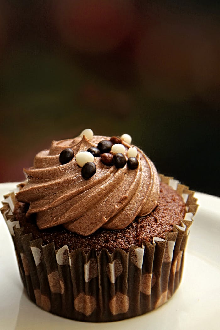 Tempting chocolate cupcake topped with swirled frosting and sprinkles.