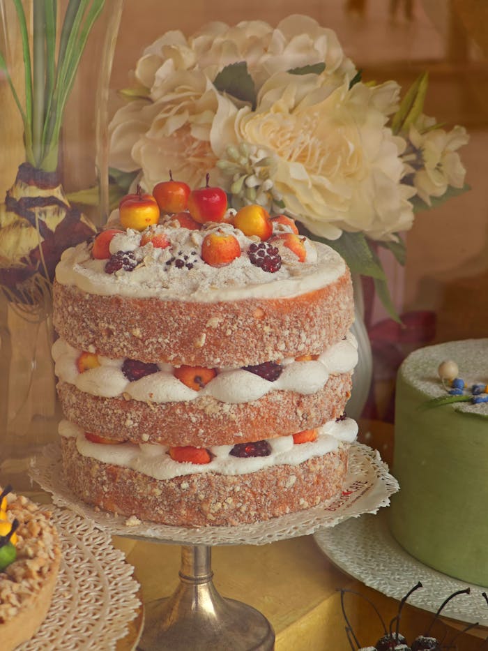 Three-layer naked cake adorned with fresh fruits and flowers on display.